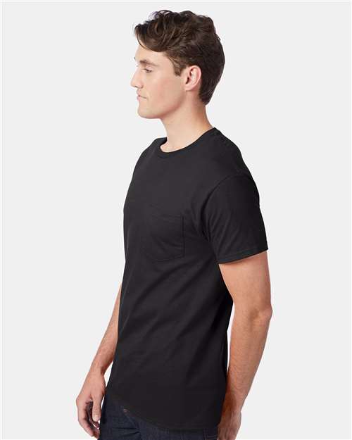 Hanes 5590 Men's Authentic Pocket T-Shirt - Black - model side