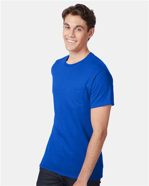 Hanes 5590 Men's Authentic Pocket T-Shirt - Deep Royal - model side
