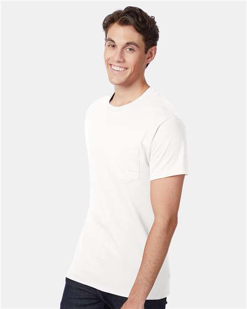Hanes 5590 Men's Authentic Pocket T-Shirt - White - model side