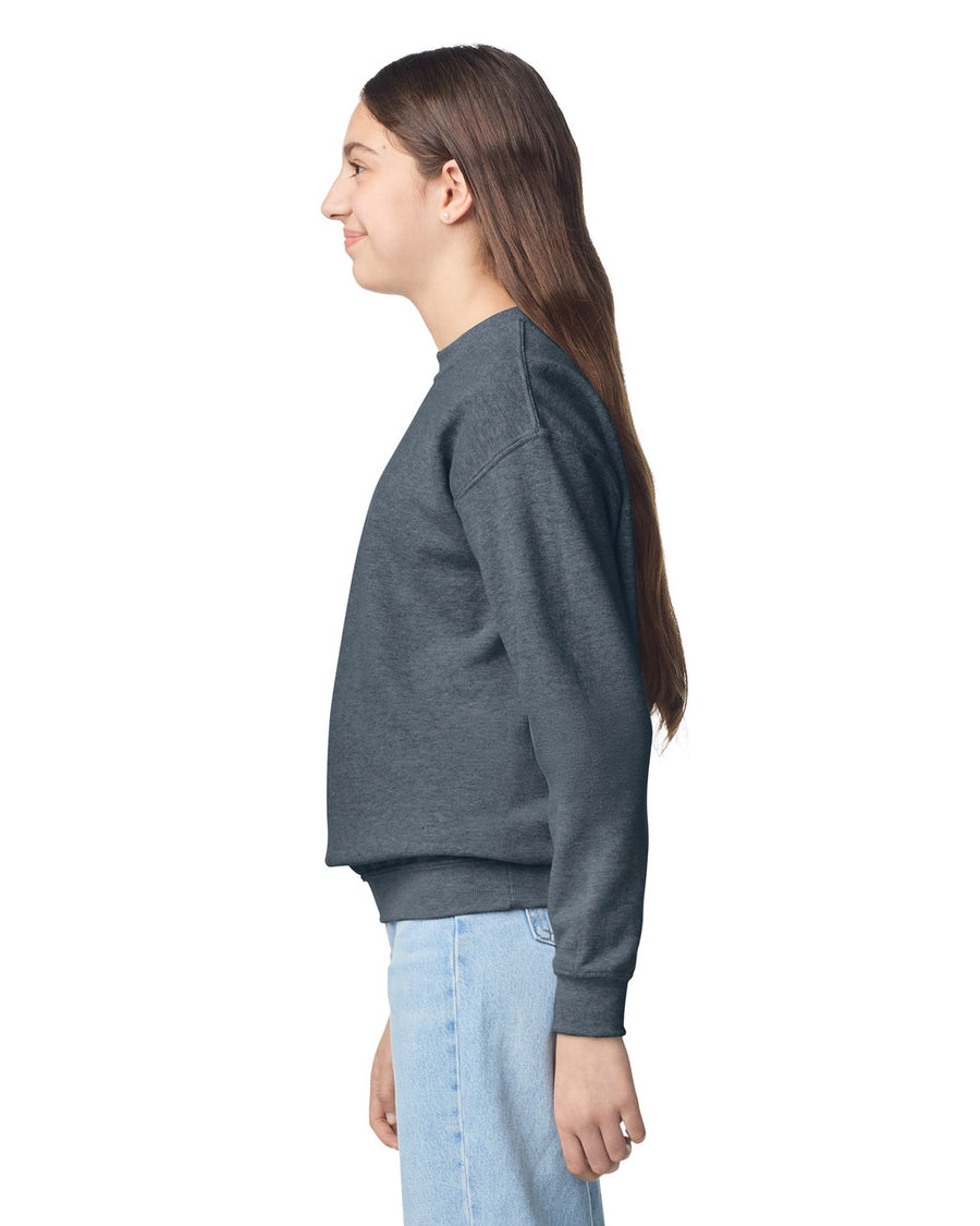 Gildan 18000B Youth Heavy Blend Crewneck Sweatshirt - Dark Heather - model side