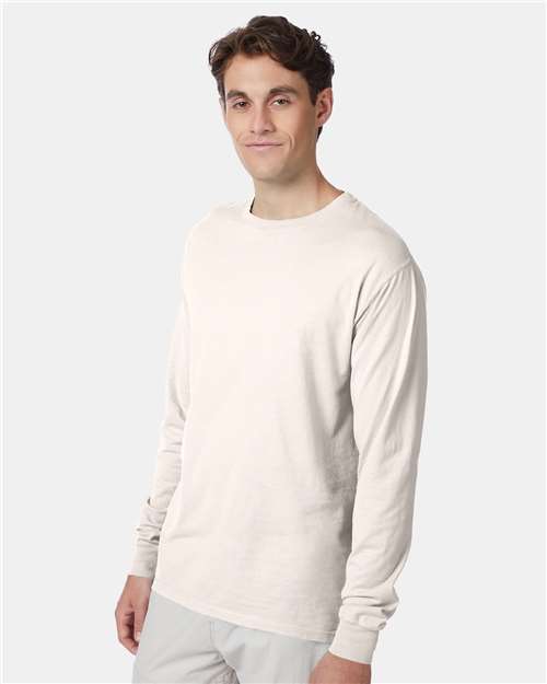 Hanes 5186 Beefy-T Long Sleeve T-Shirt - Natural - model side