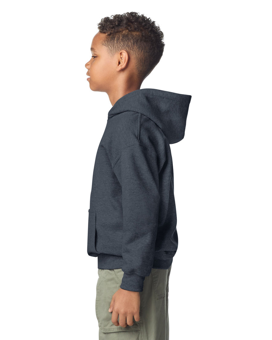 Gildan 18500B Youth Heavy Blend Hooded Sweatshirt - Dark Heather - model side