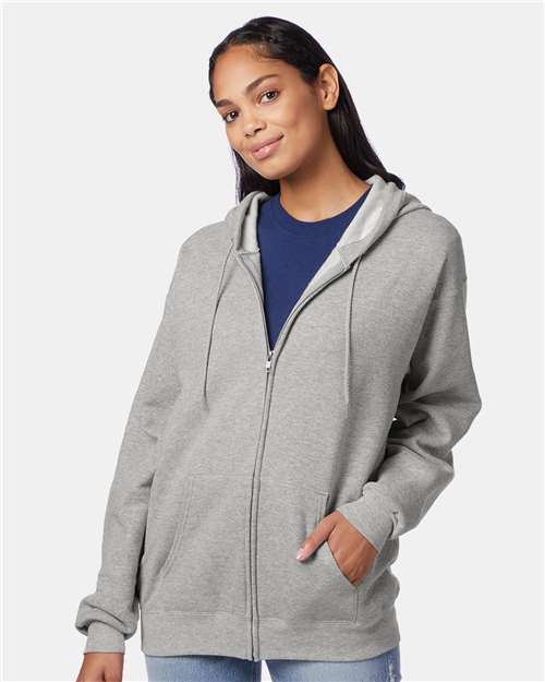 Hanes P180 Unisex EcoSmart Full-Zip Hooded Sweatshirt - Light Steel - model front