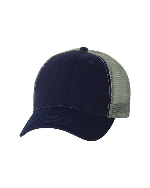 Valucap AH80 Bio-Washed Trucker Cap - Navy/ Grey - front