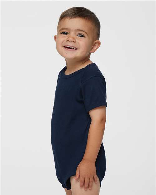 Rabbit Skins 4400 Infant Baby Rib Bodysuit - Navy - model side