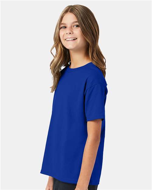 Hanes 5370 Youth EcoSmart T-Shirt - Deep Royal - model side