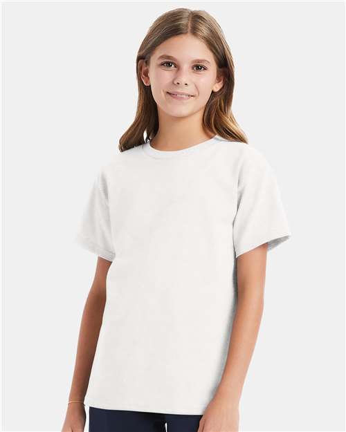 Hanes 5480 Youth Essential-T T-Shirt - White - model front
