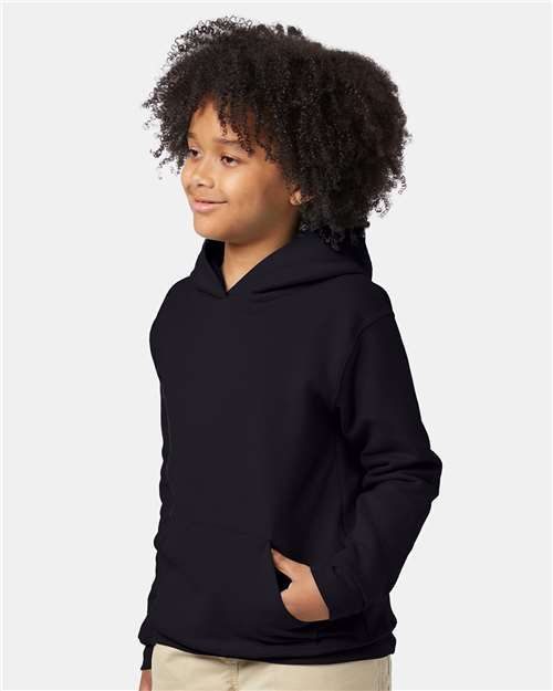Hanes P473 Youth EcoSmart Hooded Sweatshirt - Black - model side