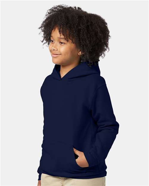 Hanes P473 Youth EcoSmart Hooded Sweatshirt - Navy - model side