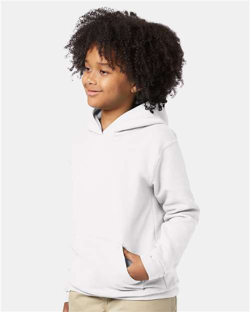 Hanes P473 Youth EcoSmart Hooded Sweatshirt - White - model side