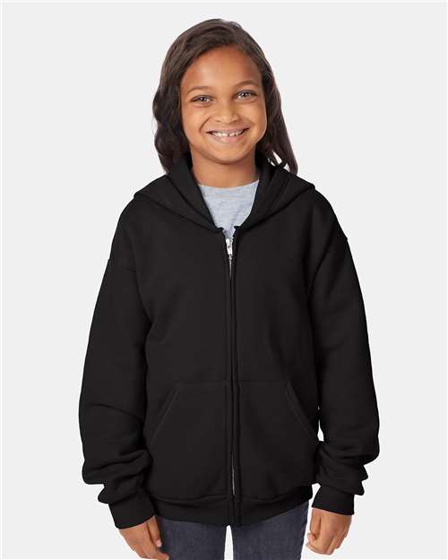 Hanes P480 Youth EcoSmart Full-Zip Hooded Sweatshirt - Black - model front