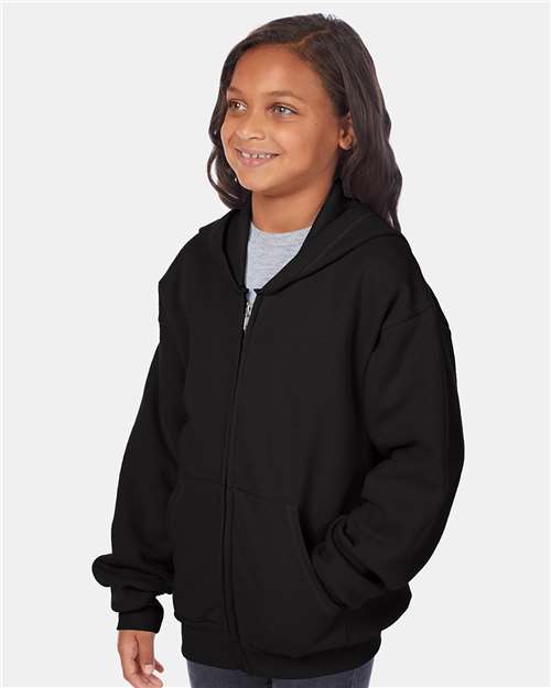 Hanes P480 Youth EcoSmart Full-Zip Hooded Sweatshirt - Black - model side