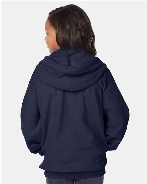 Hanes P480 Youth EcoSmart Full-Zip Hooded Sweatshirt - Navy - model back