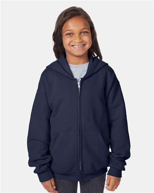 Hanes P480 Youth EcoSmart Full-Zip Hooded Sweatshirt - Navy - model front