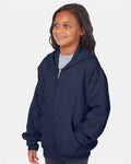 Hanes P480 Youth EcoSmart Full-Zip Hooded Sweatshirt - Navy - model side