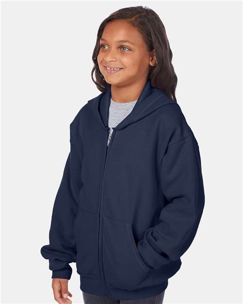 Hanes P480 Youth EcoSmart Full-Zip Hooded Sweatshirt - Navy - model side