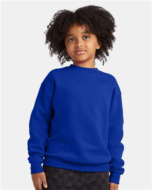 Hanes P360 Youth EcoSmart Crewneck Sweatshirt - Deep Royal - model front