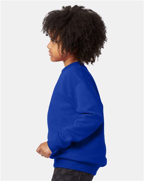 Hanes P360 Youth EcoSmart Crewneck Sweatshirt - Deep Royal - model side
