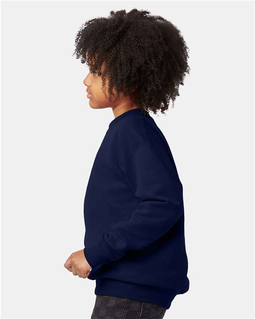 Hanes P360 Youth EcoSmart Crewneck Sweatshirt - Navy - model side