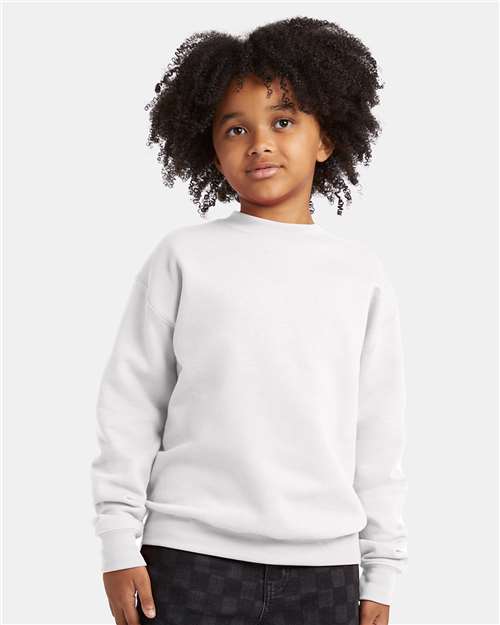Hanes P360 Youth EcoSmart Crewneck Sweatshirt - White - model front