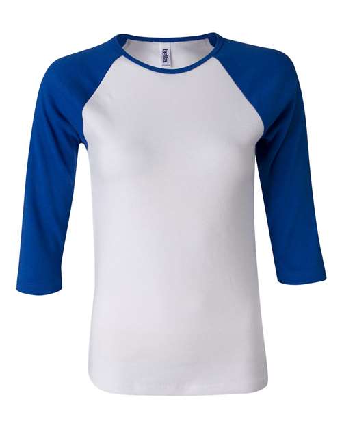 BELLA + CANVAS 2000 Women’s 1X1 Baby Rib Raglan Three-Quarter Sleeve Tee - White/ True Royal - front