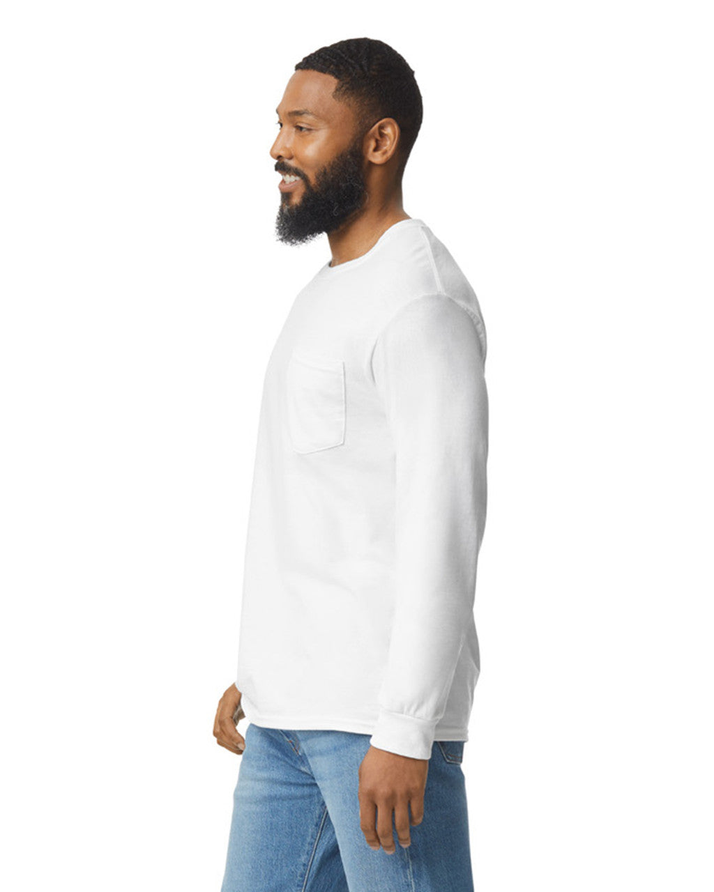 Gildan 2410 Unisex Ultra Cotton Long Sleeve Pocket T-Shirt - White - model side