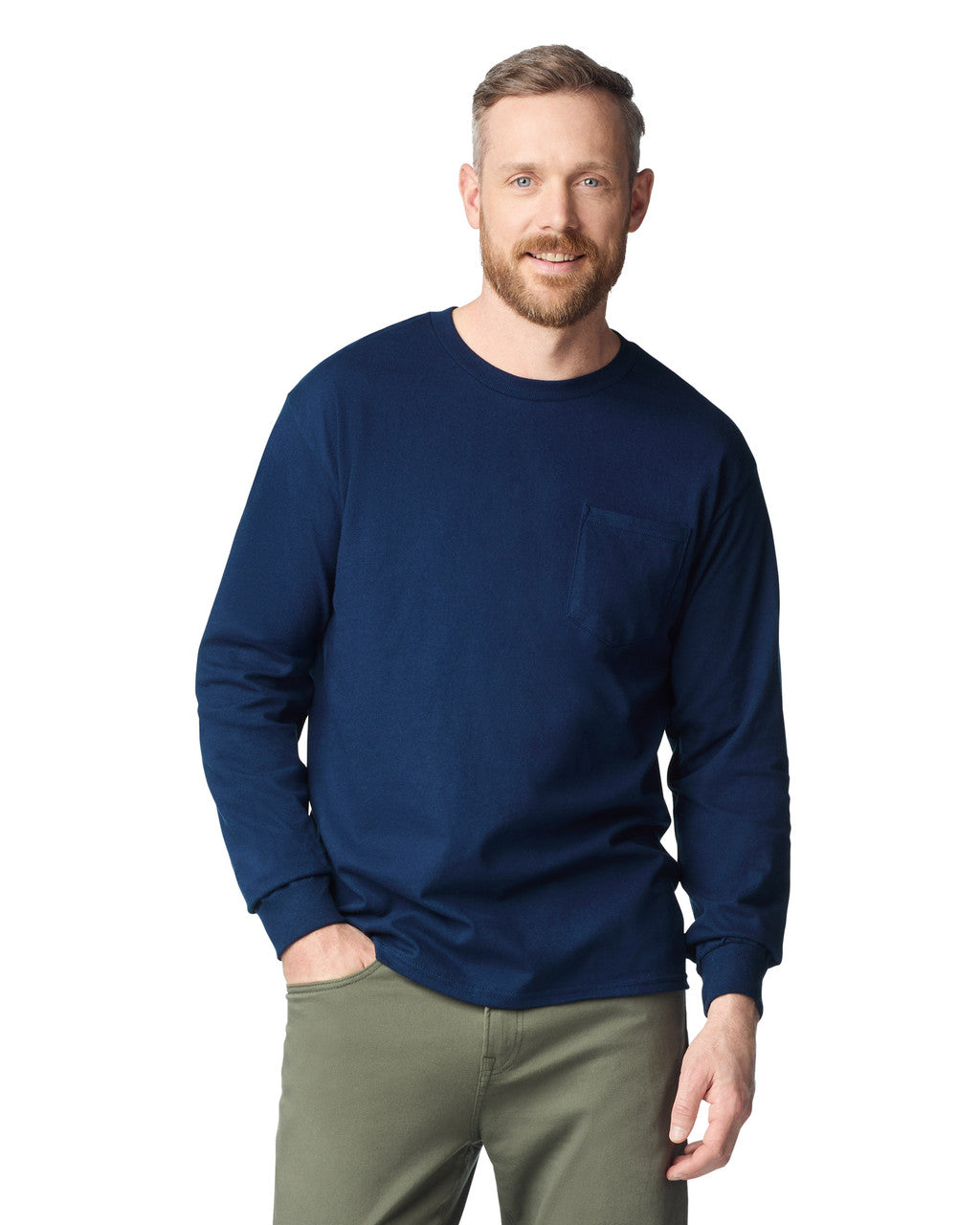 Gildan 2410 Unisex Ultra Cotton Long Sleeve Pocket T-Shirt - Navy - model front