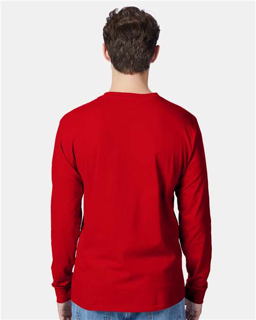 Hanes 5596 Men's Authentic Long Sleeve Pocket T-Shirt - Deep Red - model back