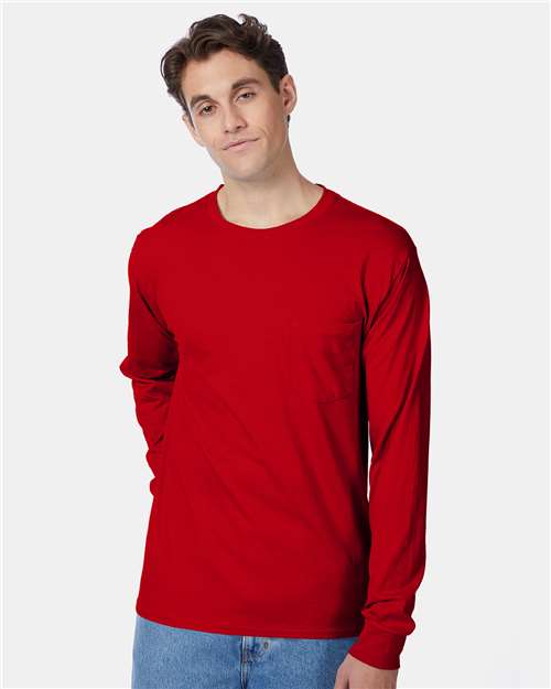 Hanes 5596 Men's Authentic Long Sleeve Pocket T-Shirt - Deep Red - model front