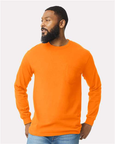 Gildan 2410 Unisex Ultra Cotton Long Sleeve Pocket T-Shirt - Safety Orange - model front