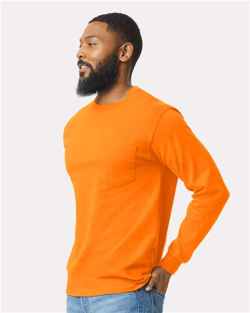 Gildan 2410 Unisex Ultra Cotton Long Sleeve Pocket T-Shirt - Safety Orange - model side