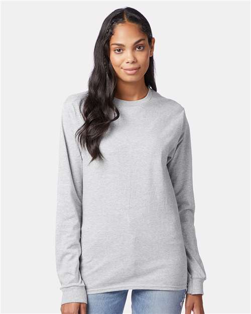 Hanes 5586 Authentic Long Sleeve T-Shirt - Ash - model front