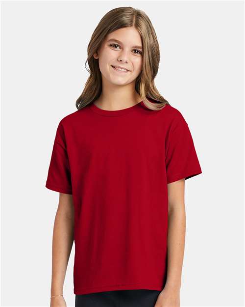 Hanes 5370 Youth EcoSmart T-Shirt - Deep Red - model front