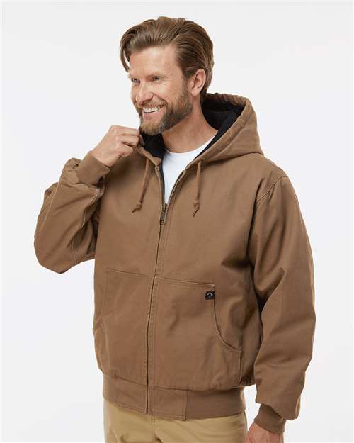 DRI DUCK 5020 Men's Cheyenne Boulder Cloth Hooded Jacket with Tricot Quilt Lining - Field Khaki - model side