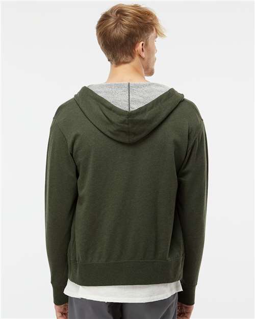 Independent Trading Co. PRM90HTZ Unisex Heathered French Terry Full-Zip Hooded Sweatshirt - Olive Heather - model back