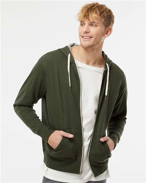 Independent Trading Co. PRM90HTZ Unisex Heathered French Terry Full-Zip Hooded Sweatshirt - Olive Heather - model front