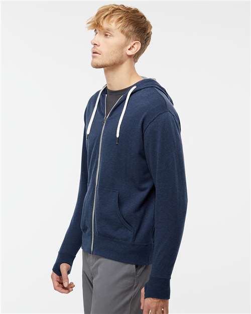 Independent Trading Co. PRM90HTZ Unisex Heathered French Terry Full-Zip Hooded Sweatshirt - Navy Heather - model side