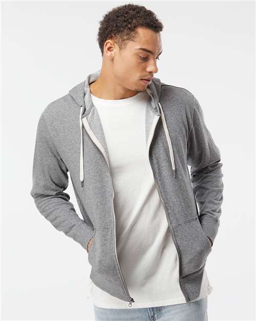 Independent Trading Co. PRM90HTZ Unisex Heathered French Terry Full-Zip Hooded Sweatshirt - Salt & Pepper - model front