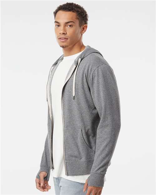 Independent Trading Co. PRM90HTZ Unisex Heathered French Terry Full-Zip Hooded Sweatshirt - Salt & Pepper - model side