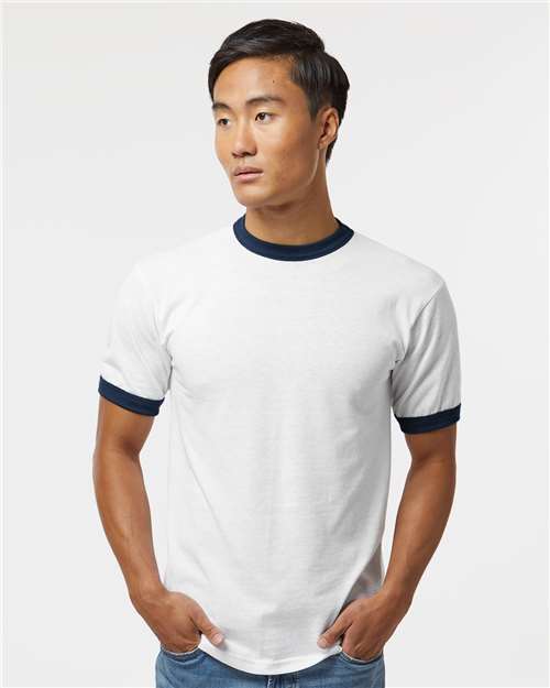 Augusta Sportswear 710 Unisex 50/50 Ringer T-Shirt - White/ Navy - model front
