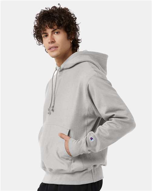Champion S101 Unisex Reverse Weave Hooded Sweatshirt - Silver Grey - model side