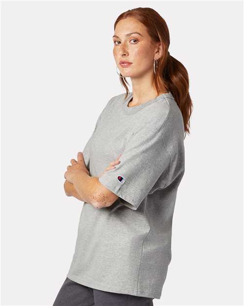 Champion T105 Unisex Heritage Jersey T-Shirt - Oxford Grey - model side