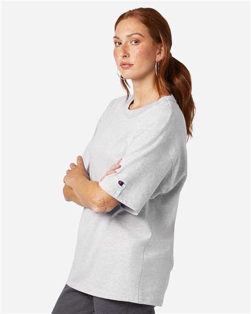 Champion T105 Unisex Heritage Jersey T-Shirt - Silver Grey - model side