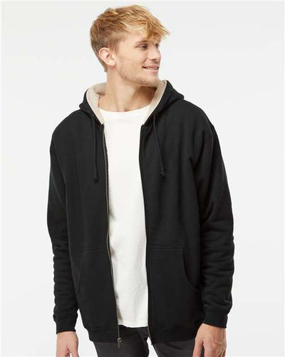 Independent Trading Co. EXP40SHZ Men's Sherpa-Lined Full-Zip Hooded Sweatshirt - Black/ Natural - model front