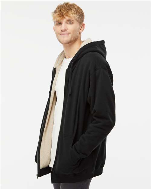 Independent Trading Co. EXP40SHZ Men's Sherpa-Lined Full-Zip Hooded Sweatshirt - Black/ Natural - model side