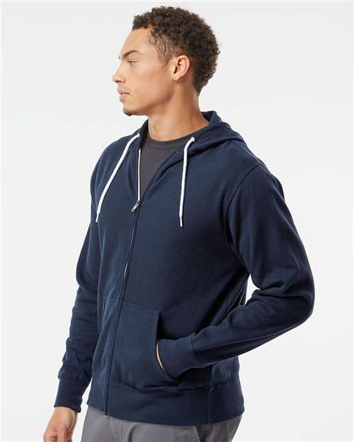 Independent Trading Co. AFX90UNZ Unisex Lightweight Full-Zip Hooded Sweatshirt - Classic Navy - model side