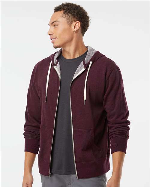 Independent Trading Co. PRM90HTZ Unisex Heathered French Terry Full-Zip Hooded Sweatshirt - Burgundy Heather - model front