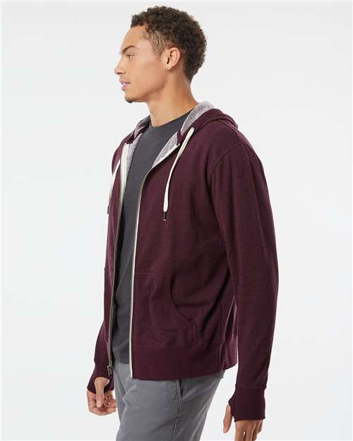 Independent Trading Co. PRM90HTZ Unisex Heathered French Terry Full-Zip Hooded Sweatshirt - Burgundy Heather - model side