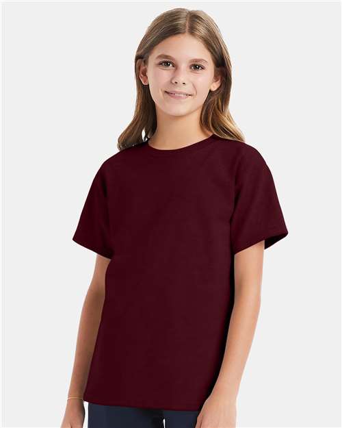 Hanes 5480 Youth Essential-T T-Shirt - Maroon - model front