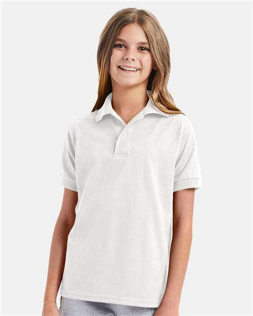 Hanes 054Y Youth EcoSmart Jersey Polo - White - model front